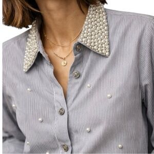Vintage Pearl Beaded Collar Blouse 80s Secretary Gray Button Up Women’s Small
